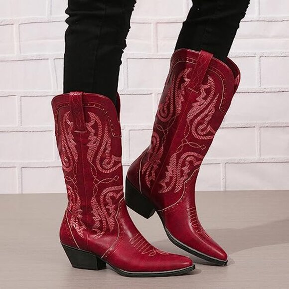 Women's Cowboy Boots Mid Calf Western Embroidered Pointed Toe Block Heel - Picture 5 of 8